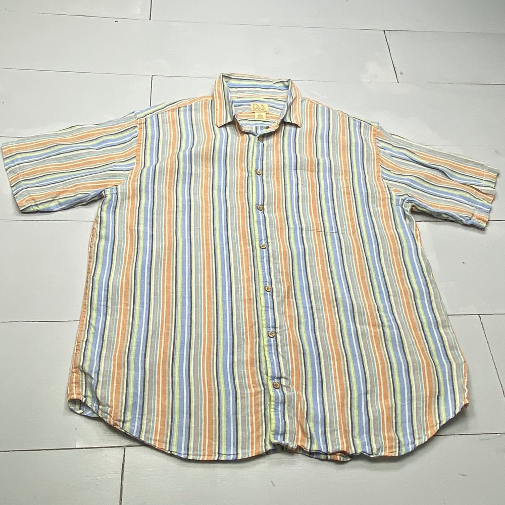 Jos. A. Bank Linen Shirt Mens XL Blue Orange Striped Short Sleeve Summer Beach